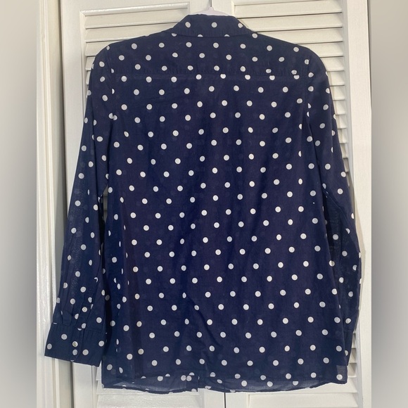 Talbots Navy Blue & White Polka Dot Button Up Blouse, Size XS, Collar, Pockets - Picture 2 of 7